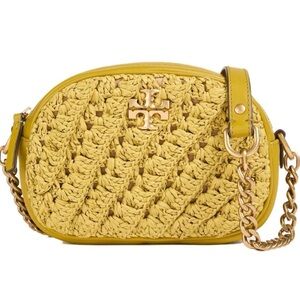 Tory Burch Mustard Raffia & Leather Crossbody with Gold Chain
